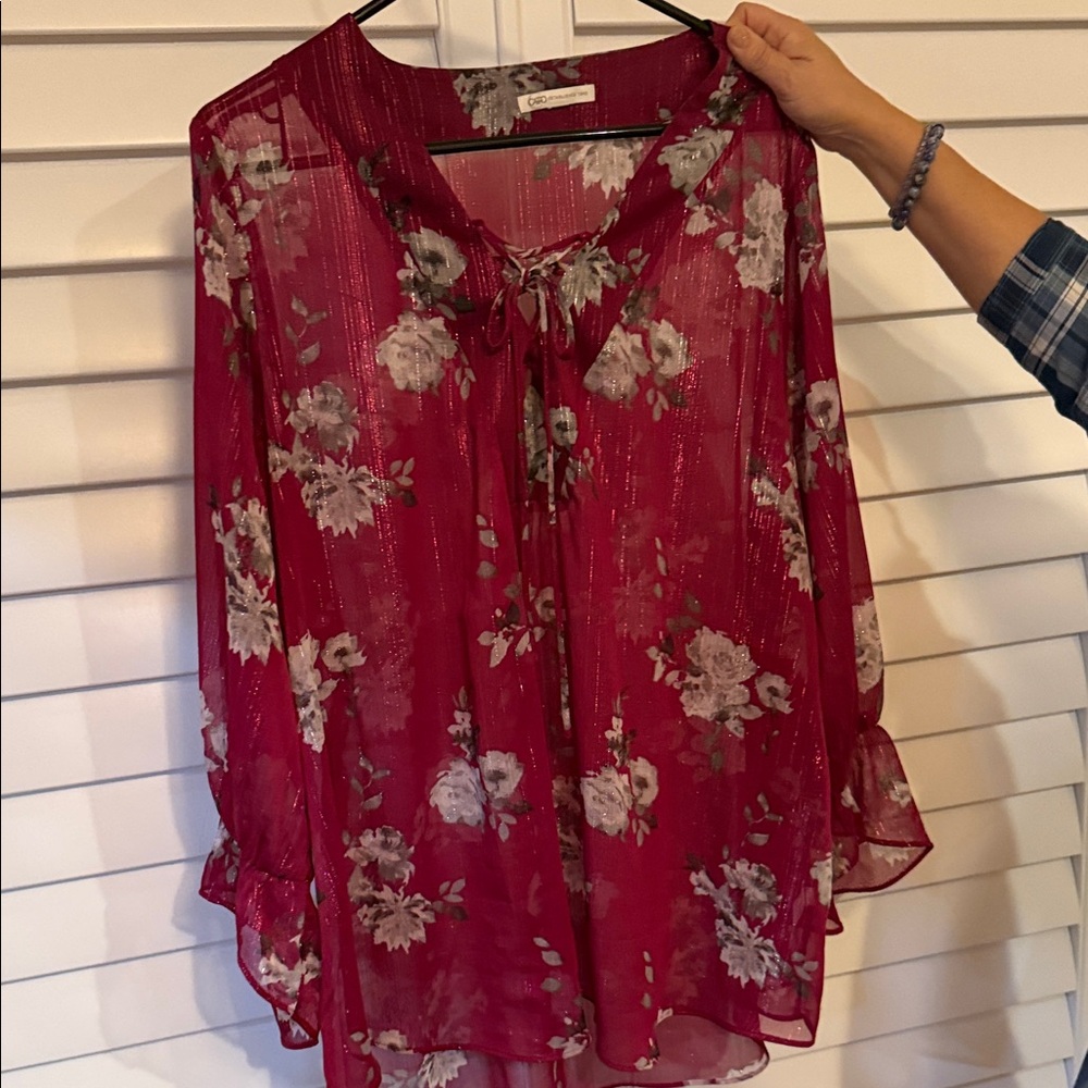 Cato Burgundy Floral Sheer Blouse
